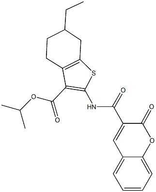 isopropyl 6-ethyl-2-{[(2-oxo-2H-chromen-3-yl)carbonyl]amino}-4,5,6,7-tetrahydro-1-benzothiophene-3-carboxylate 结构式