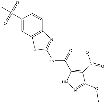 4-nitro-3-methoxy-N-[6-(methylsulfonyl)-1,3-benzothiazol-2-yl]-1H-pyrazole-5-carboxamide 结构式