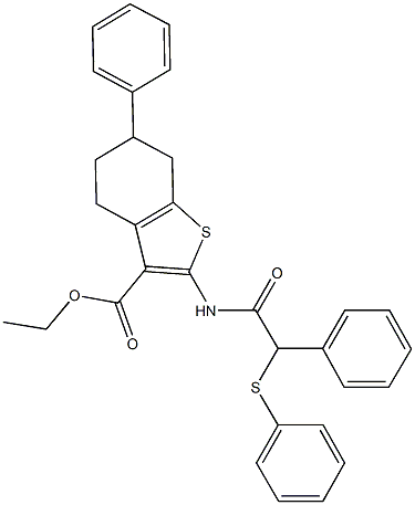 ethyl 6-phenyl-2-{[phenyl(phenylsulfanyl)acetyl]amino}-4,5,6,7-tetrahydro-1-benzothiophene-3-carboxylate 结构式