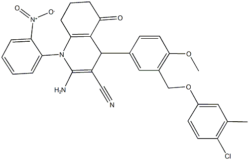 2-amino-4-{3-[(4-chloro-3-methylphenoxy)methyl]-4-methoxyphenyl}-1-{2-nitrophenyl}-5-oxo-1,4,5,6,7,8-hexahydro-3-quinolinecarbonitrile 结构式