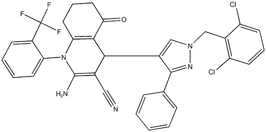 2-amino-4-[1-(2,6-dichlorobenzyl)-3-phenyl-1H-pyrazol-4-yl]-5-oxo-1-[2-(trifluoromethyl)phenyl]-1,4,5,6,7,8-hexahydro-3-quinolinecarbonitrile 结构式