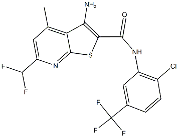 3-amino-N-[2-chloro-5-(trifluoromethyl)phenyl]-6-(difluoromethyl)-4-methylthieno[2,3-b]pyridine-2-carboxamide 结构式