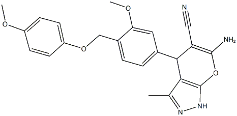 6-amino-4-{3-methoxy-4-[(4-methoxyphenoxy)methyl]phenyl}-3-methyl-1,4-dihydropyrano[2,3-c]pyrazole-5-carbonitrile 结构式