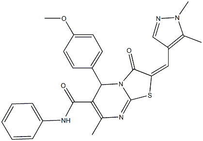 2-[(1,5-dimethyl-1H-pyrazol-4-yl)methylene]-5-(4-methoxyphenyl)-7-methyl-3-oxo-N-phenyl-2,3-dihydro-5H-[1,3]thiazolo[3,2-a]pyrimidine-6-carboxamide 结构式