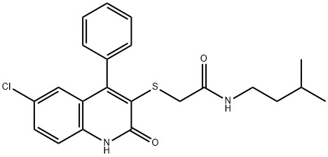 2-[(6-chloro-2-oxo-4-phenyl-1,2-dihydro-3-quinolinyl)sulfanyl]-N-isopentylacetamide 结构式