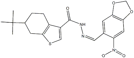 6-tert-butyl-N'-({6-nitro-1,3-benzodioxol-5-yl}methylene)-4,5,6,7-tetrahydro-1-benzothiophene-3-carbohydrazide 结构式