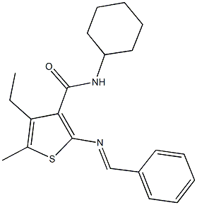 2-(benzylideneamino)-N-cyclohexyl-4-ethyl-5-methyl-3-thiophenecarboxamide 结构式