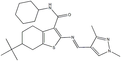 6-tert-butyl-N-cyclohexyl-2-{[(1,3-dimethyl-1H-pyrazol-4-yl)methylene]amino}-4,5,6,7-tetrahydro-1-benzothiophene-3-carboxamide 结构式