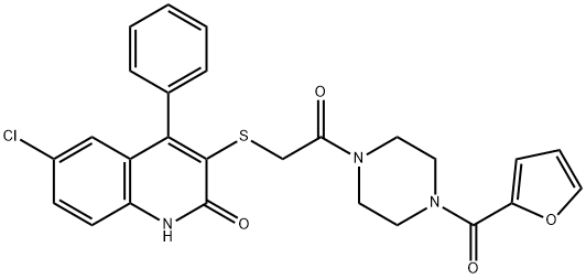 6-chloro-3-({2-[4-(2-furoyl)-1-piperazinyl]-2-oxoethyl}sulfanyl)-4-phenyl-2(1H)-quinolinone 结构式