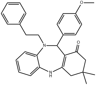 11-(4-methoxyphenyl)-3,3-dimethyl-10-(2-phenylethyl)-2,3,4,5,10,11-hexahydro-1H-dibenzo[b,e][1,4]diazepin-1-one 结构式