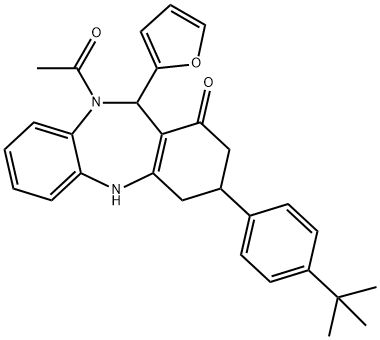 10-acetyl-3-(4-tert-butylphenyl)-11-(2-furyl)-2,3,4,5,10,11-hexahydro-1H-dibenzo[b,e][1,4]diazepin-1-one 结构式