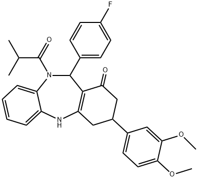 3-(3,4-dimethoxyphenyl)-11-(4-fluorophenyl)-10-isobutyryl-2,3,4,5,10,11-hexahydro-1H-dibenzo[b,e][1,4]diazepin-1-one 结构式