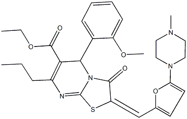 ethyl5-(2-methoxyphenyl)-2-{[5-(4-methyl-1-piperazinyl)-2-furyl]methylene}-3-oxo-7-propyl-2,3-dihydro-5H-[1,3]thiazolo[3,2-a]pyrimidine-6-carboxylate 结构式