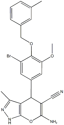 6-amino-4-{3-bromo-5-methoxy-4-[(3-methylbenzyl)oxy]phenyl}-3-methyl-1,4-dihydropyrano[2,3-c]pyrazole-5-carbonitrile 结构式