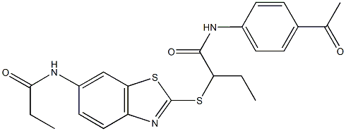 N-(4-acetylphenyl)-2-{[6-(propionylamino)-1,3-benzothiazol-2-yl]sulfanyl}butanamide 结构式