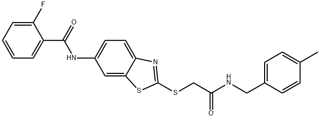 2-fluoro-N-[2-({2-[(4-methylbenzyl)amino]-2-oxoethyl}sulfanyl)-1,3-benzothiazol-6-yl]benzamide 结构式