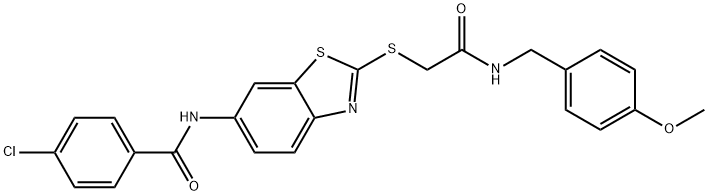 4-chloro-N-[2-({2-[(4-methoxybenzyl)amino]-2-oxoethyl}sulfanyl)-1,3-benzothiazol-6-yl]benzamide 结构式