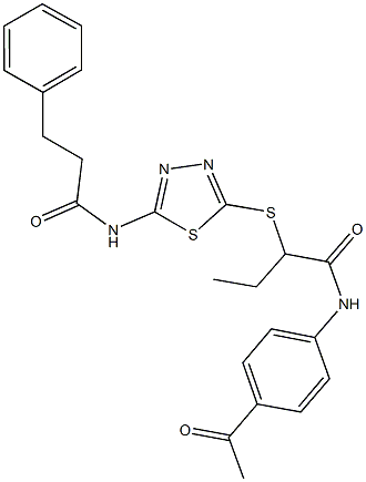 N-(4-acetylphenyl)-2-({5-[(3-phenylpropanoyl)amino]-1,3,4-thiadiazol-2-yl}sulfanyl)butanamide 结构式