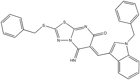 6-[(1-benzyl-1H-indol-3-yl)methylene]-2-(benzylsulfanyl)-5-imino-5,6-dihydro-7H-[1,3,4]thiadiazolo[3,2-a]pyrimidin-7-one 结构式