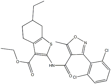 ethyl 2-({[3-(2,6-dichlorophenyl)-5-methyl-4-isoxazolyl]carbonyl}amino)-6-ethyl-4,5,6,7-tetrahydro-1-benzothiophene-3-carboxylate 结构式