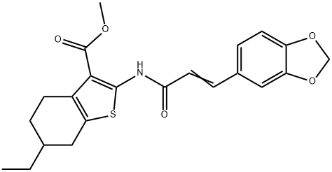 methyl 2-{[3-(1,3-benzodioxol-5-yl)acryloyl]amino}-6-ethyl-4,5,6,7-tetrahydro-1-benzothiophene-3-carboxylate 结构式