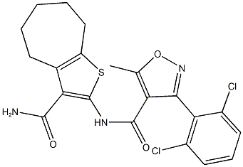 N-[3-(aminocarbonyl)-5,6,7,8-tetrahydro-4H-cyclohepta[b]thien-2-yl]-3-(2,6-dichlorophenyl)-5-methyl-4-isoxazolecarboxamide 结构式