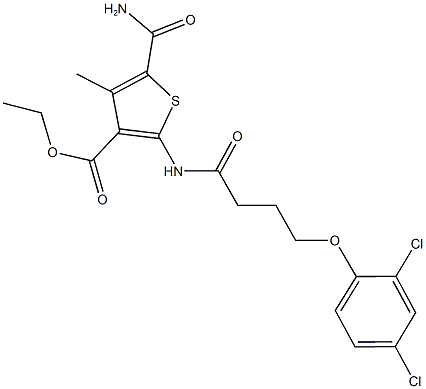 ethyl 5-(aminocarbonyl)-2-{[4-(2,4-dichlorophenoxy)butanoyl]amino}-4-methyl-3-thiophenecarboxylate 结构式