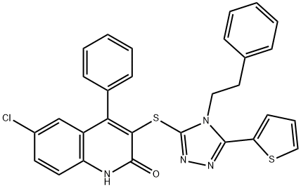 6-chloro-4-phenyl-3-{[4-(2-phenylethyl)-5-(2-thienyl)-4H-1,2,4-triazol-3-yl]sulfanyl}-2(1H)-quinolinone 结构式