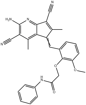 2-{2-[(2-amino-3,7-dicyano-4,6-dimethyl-5H-cyclopenta[b]pyridin-5-ylidene)methyl]-6-methoxyphenoxy}-N-phenylacetamide 结构式