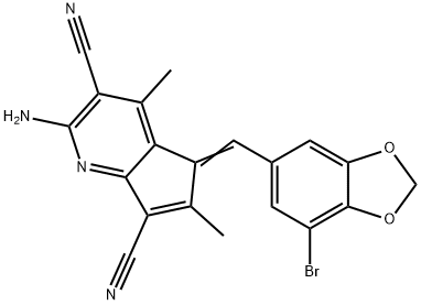 2-amino-5-[(7-bromo-1,3-benzodioxol-5-yl)methylene]-4,6-dimethyl-5H-cyclopenta[b]pyridine-3,7-dicarbonitrile 结构式