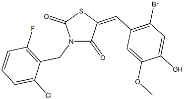 5-(2-bromo-4-hydroxy-5-methoxybenzylidene)-3-(2-chloro-6-fluorobenzyl)-1,3-thiazolidine-2,4-dione 结构式