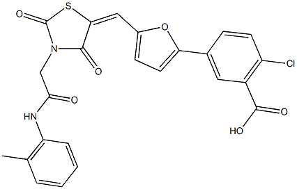 2-chloro-5-[5-({2,4-dioxo-3-[2-oxo-2-(2-toluidino)ethyl]-1,3-thiazolidin-5-ylidene}methyl)-2-furyl]benzoic acid 结构式