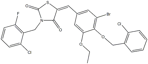 5-{3-bromo-4-[(2-chlorobenzyl)oxy]-5-ethoxybenzylidene}-3-(2-chloro-6-fluorobenzyl)-1,3-thiazolidine-2,4-dione 结构式