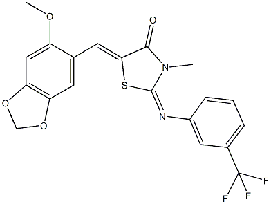 5-[(6-methoxy-1,3-benzodioxol-5-yl)methylene]-3-methyl-2-{[3-(trifluoromethyl)phenyl]imino}-1,3-thiazolidin-4-one 结构式