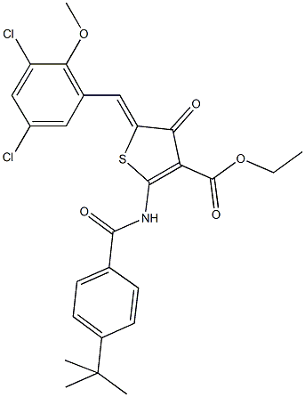 ethyl 2-[(4-tert-butylbenzoyl)amino]-5-(3,5-dichloro-2-methoxybenzylidene)-4-oxo-4,5-dihydro-3-thiophenecarboxylate 结构式