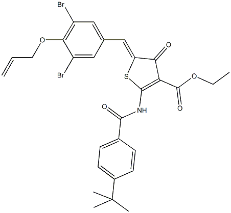 ethyl 5-[4-(allyloxy)-3,5-dibromobenzylidene]-2-[(4-tert-butylbenzoyl)amino]-4-oxo-4,5-dihydro-3-thiophenecarboxylate 结构式