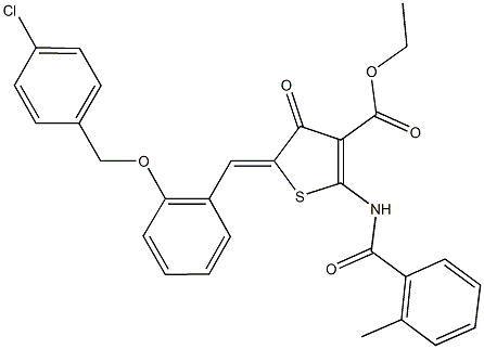ethyl 5-{2-[(4-chlorobenzyl)oxy]benzylidene}-2-[(2-methylbenzoyl)amino]-4-oxo-4,5-dihydro-3-thiophenecarboxylate 结构式