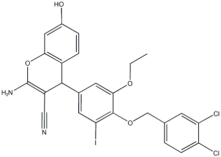 2-amino-4-{4-[(3,4-dichlorobenzyl)oxy]-3-ethoxy-5-iodophenyl}-7-hydroxy-4H-chromene-3-carbonitrile 结构式