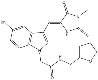 2-{5-bromo-3-[(1-methyl-5-oxo-2-thioxo-4-imidazolidinylidene)methyl]-1H-indol-1-yl}-N-(tetrahydro-2-furanylmethyl)acetamide 结构式