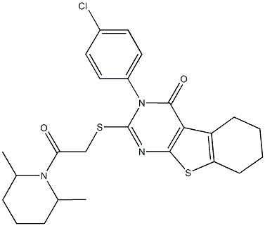 3-(4-chlorophenyl)-2-{[2-(2,6-dimethyl-1-piperidinyl)-2-oxoethyl]sulfanyl}-5,6,7,8-tetrahydro[1]benzothieno[2,3-d]pyrimidin-4(3H)-one 结构式