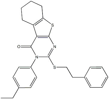 3-(4-ethylphenyl)-2-[(2-phenylethyl)sulfanyl]-5,6,7,8-tetrahydro[1]benzothieno[2,3-d]pyrimidin-4(3H)-one 结构式