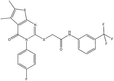 2-{[3-(4-fluorophenyl)-5,6-dimethyl-4-oxo-3,4-dihydrothieno[2,3-d]pyrimidin-2-yl]sulfanyl}-N-[3-(trifluoromethyl)phenyl]acetamide 结构式
