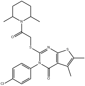 3-(4-chlorophenyl)-2-{[2-(2,6-dimethyl-1-piperidinyl)-2-oxoethyl]sulfanyl}-5,6-dimethylthieno[2,3-d]pyrimidin-4(3H)-one 结构式