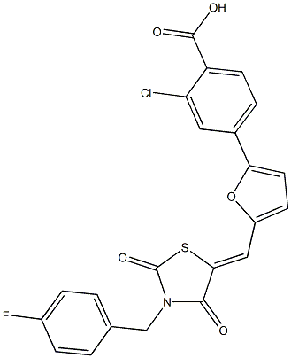 2-chloro-4-(5-{[3-(4-fluorobenzyl)-2,4-dioxo-1,3-thiazolidin-5-ylidene]methyl}-2-furyl)benzoic acid 结构式