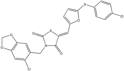 3-[(6-chloro-1,3-benzodioxol-5-yl)methyl]-5-({5-[(4-chlorophenyl)sulfanyl]-2-furyl}methylene)-1,3-thiazolidine-2,4-dione 结构式