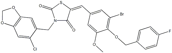 5-{3-bromo-4-[(4-fluorobenzyl)oxy]-5-methoxybenzylidene}-3-[(6-chloro-1,3-benzodioxol-5-yl)methyl]-1,3-thiazolidine-2,4-dione 结构式