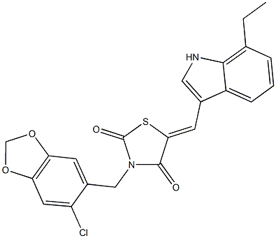3-[(6-chloro-1,3-benzodioxol-5-yl)methyl]-5-[(7-ethyl-1H-indol-3-yl)methylene]-1,3-thiazolidine-2,4-dione 结构式