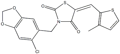3-[(6-chloro-1,3-benzodioxol-5-yl)methyl]-5-[(3-methyl-2-thienyl)methylene]-1,3-thiazolidine-2,4-dione 结构式