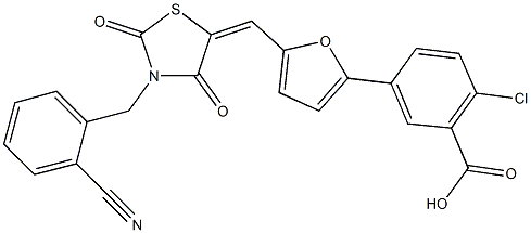 2-chloro-5-(5-{[3-(2-cyanobenzyl)-2,4-dioxo-1,3-thiazolidin-5-ylidene]methyl}-2-furyl)benzoic acid 结构式