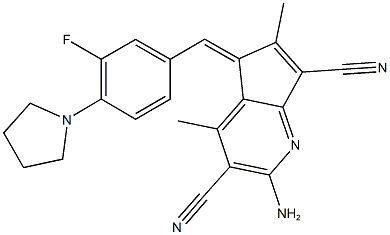 2-amino-5-[3-fluoro-4-(1-pyrrolidinyl)benzylidene]-4,6-dimethyl-5H-cyclopenta[b]pyridine-3,7-dicarbonitrile 结构式